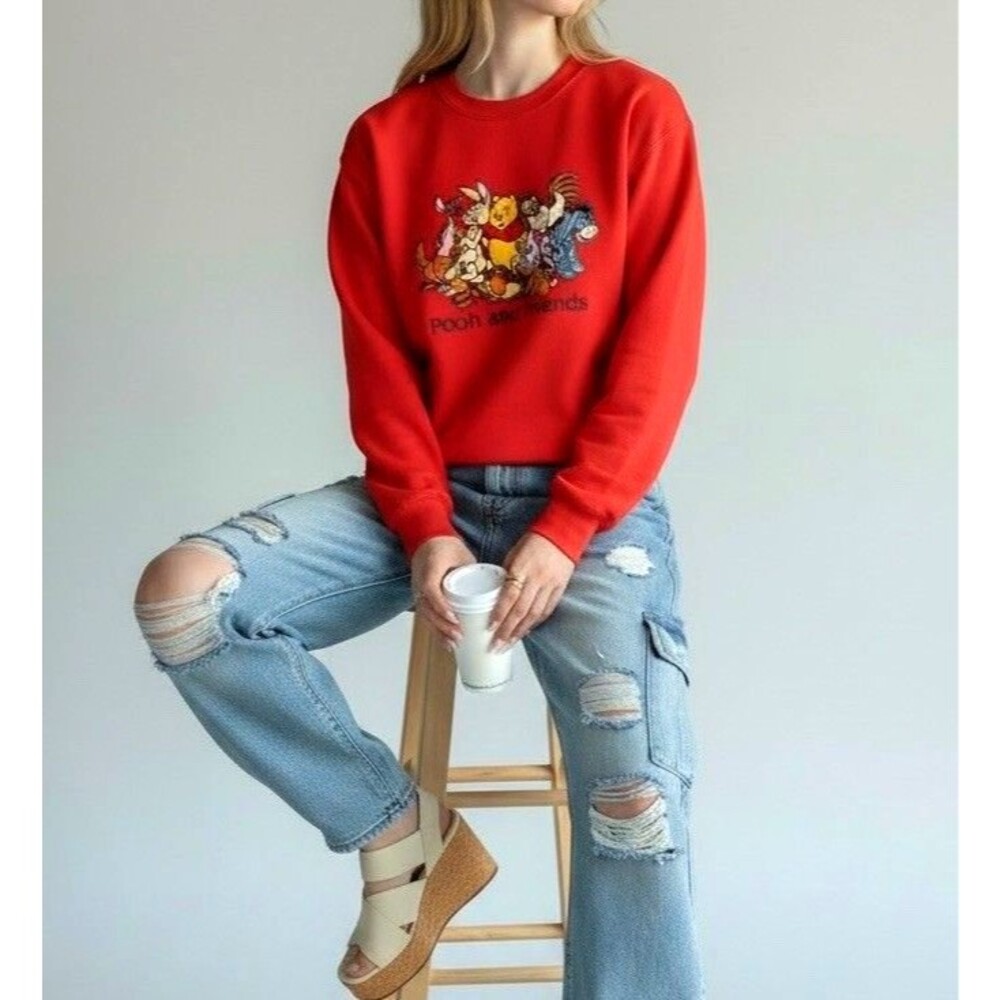 Vtg Winnie The Pooh And Friends Disney Store Pullover Fleece Red Sweater
